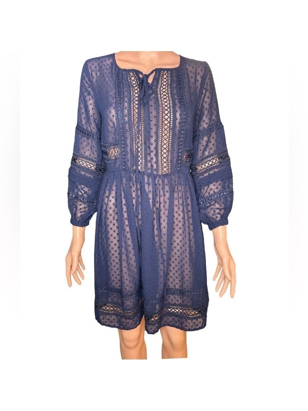 Stellah Deep Blue Long Sleeve Swiss Dot and Lace Dress XS